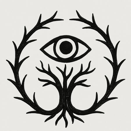 Eye and tree within thorns. Black ink emblem of an all-seeing eye sprouting from thorned tree roots. Symbolizes spiritual sight, protection, and intuitive guidance in Celtic and magical traditions.