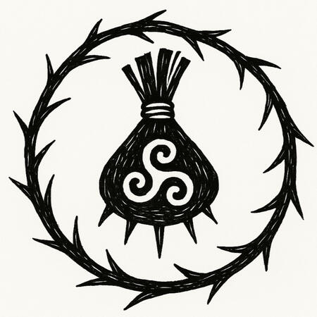 Charm bag with triple spiral inside thorns. Sigil of a spell pouch marked with a triskele, bound in protective thorns. A symbol of traditional Irish folk magic.