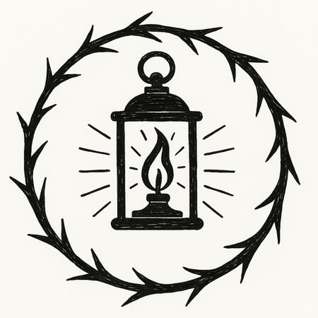 Guiding lantern within thorns. A burning lantern surrounded by protective thorns. A symbol of light held for the dead, offering guidance and comfort through spiritual transition.